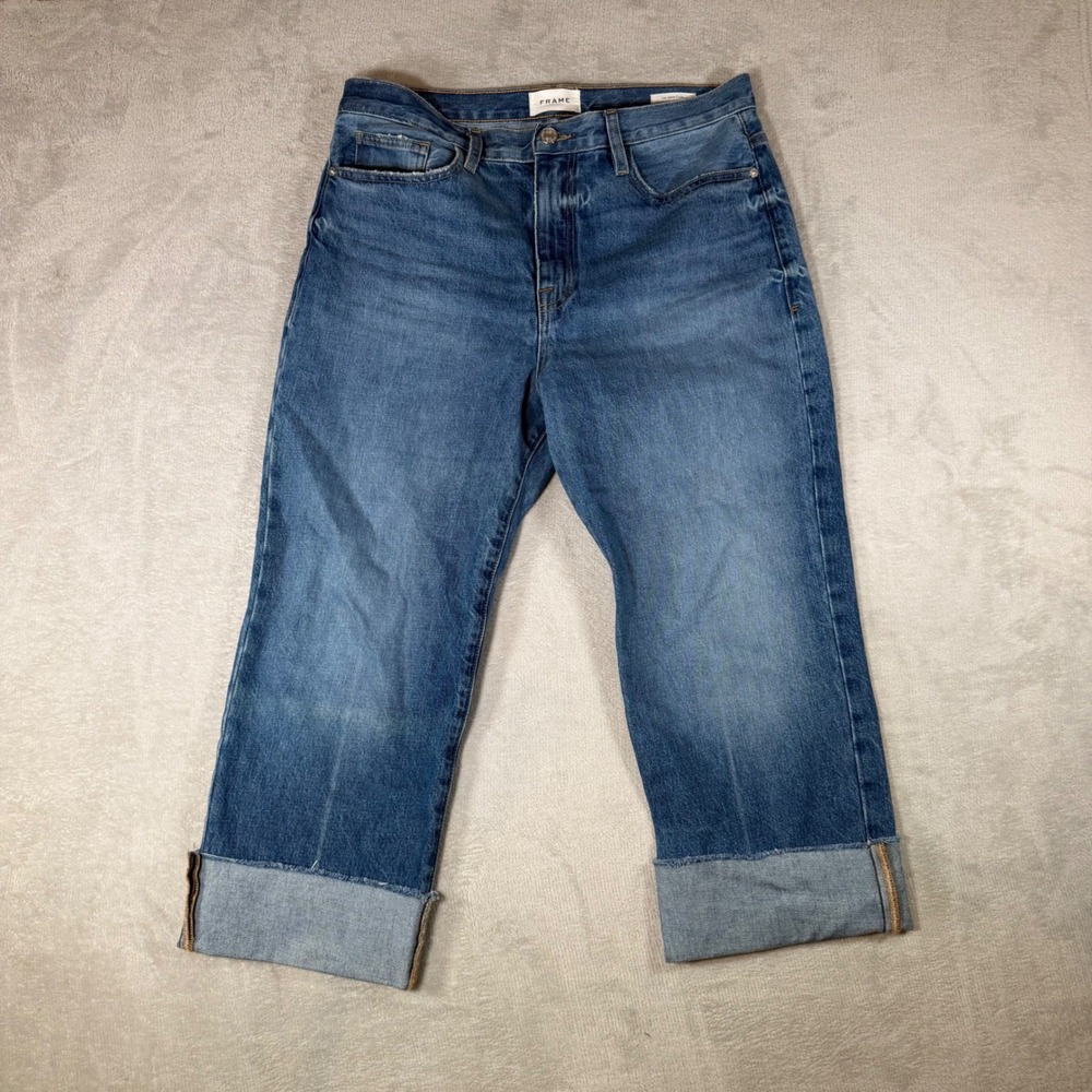 FRAME Le Jane Crop Jeans Del Amo Grind Blue High Rise Straight Leg Cuffed 29